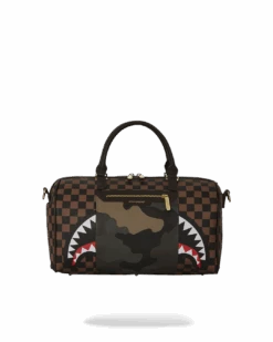 SPRAYGROUND EXTERIOR GOLD ZIP POCKET SHARKS IN PARIS MINI DUFFLE